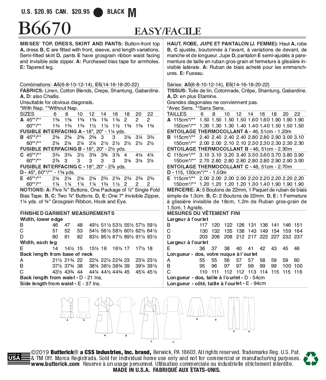 B6670 Misses' Top, Dress, Skirt and Pants (Size: 14-16-18-20-22) - Image 11