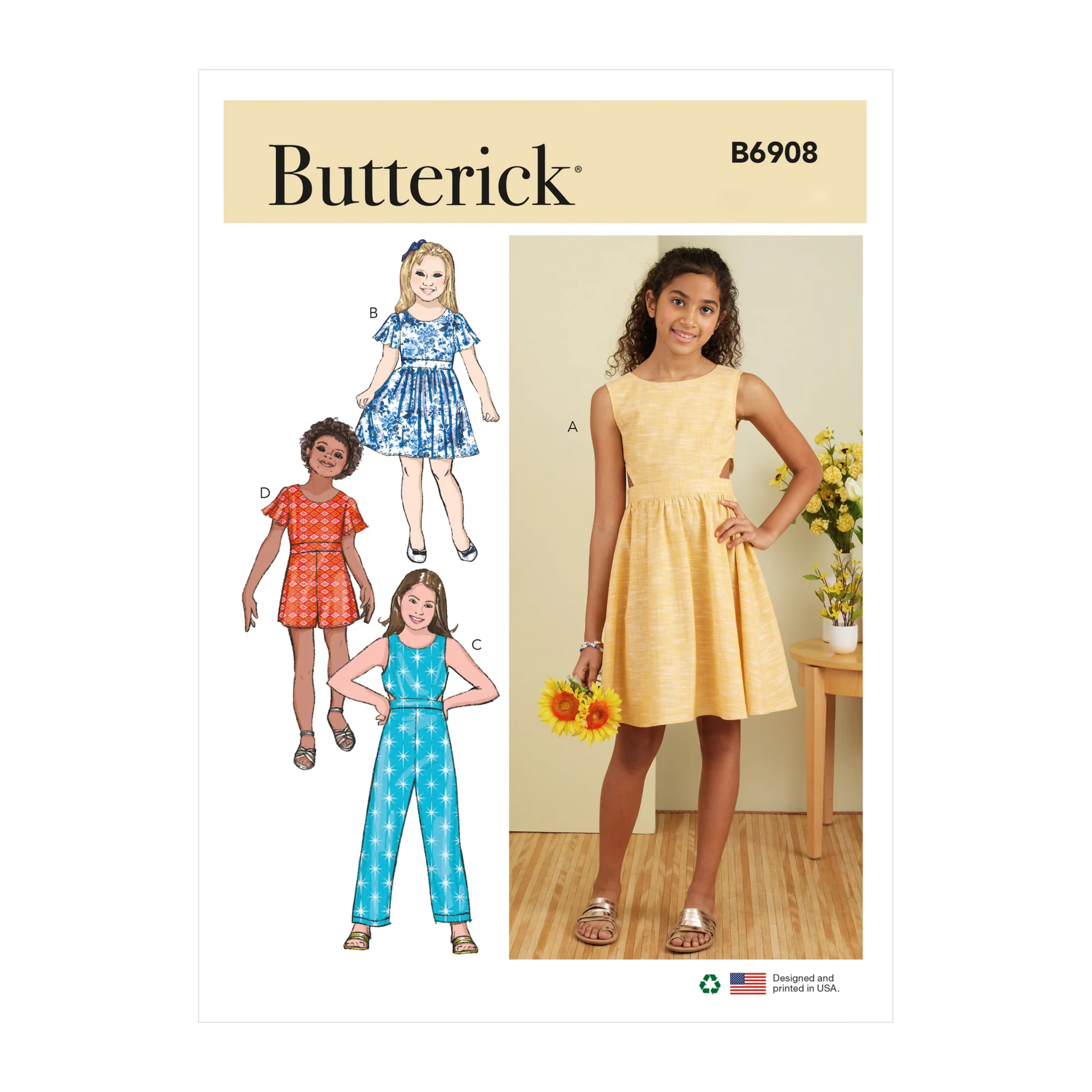 B6908 Girls' Dress, Jumpsuit and Romper (7-8-10-12-14)
