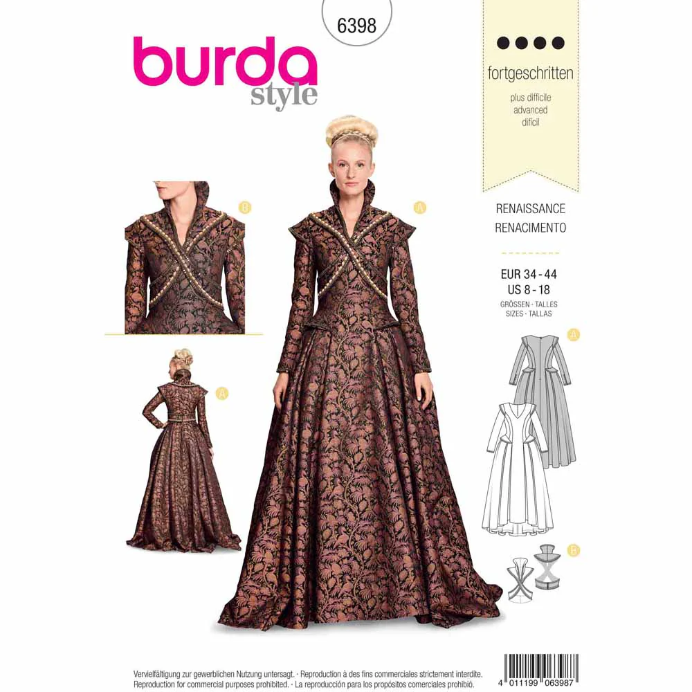 BURDA 6398 - Renaissance - Long, Festive Dress with a Full Skirt