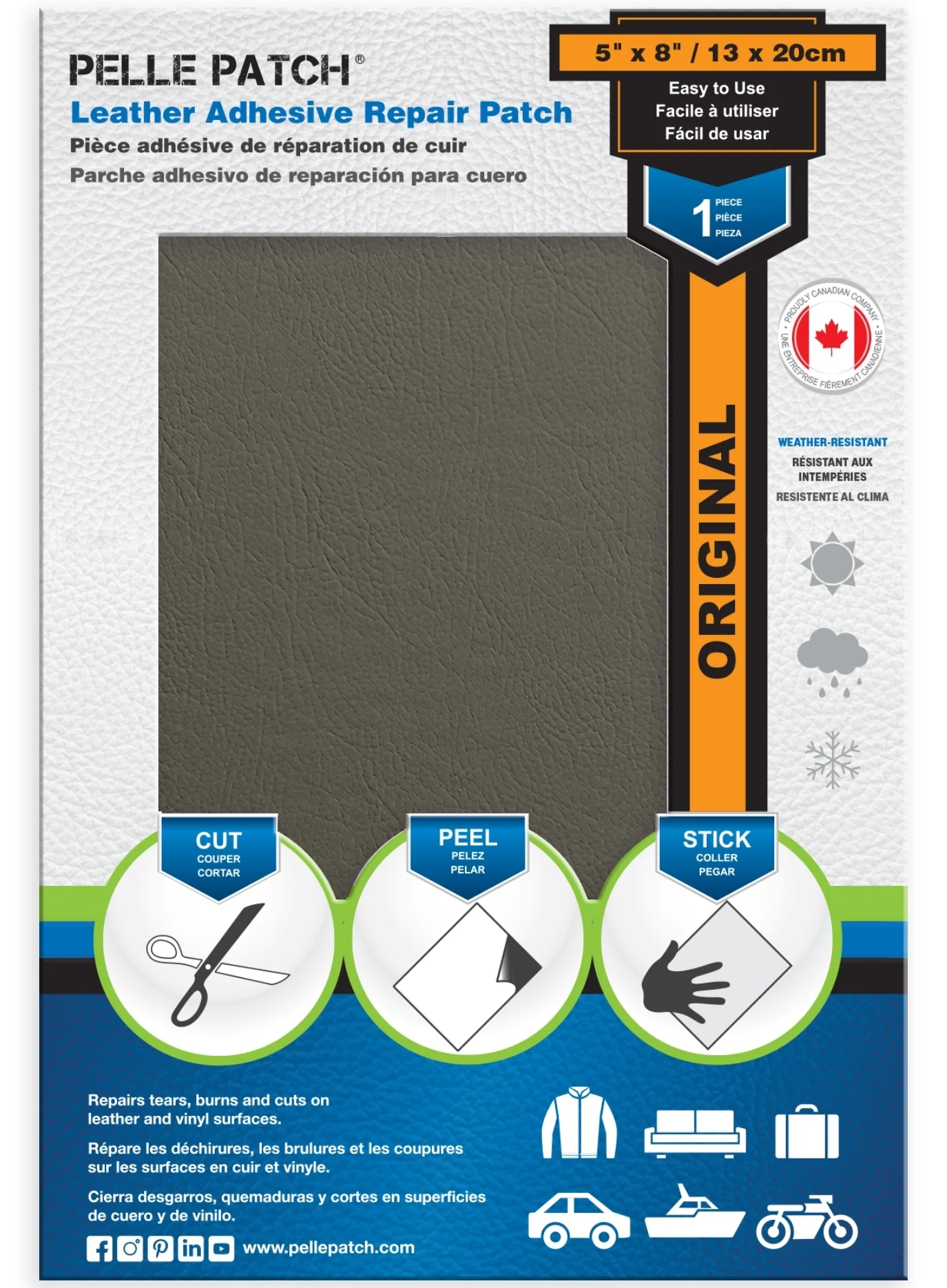 PELLE PATCH Leather Adhesive Repair Patch - Medium Grey - 5 x 8 inch (13 x 20 cm) - Image 2