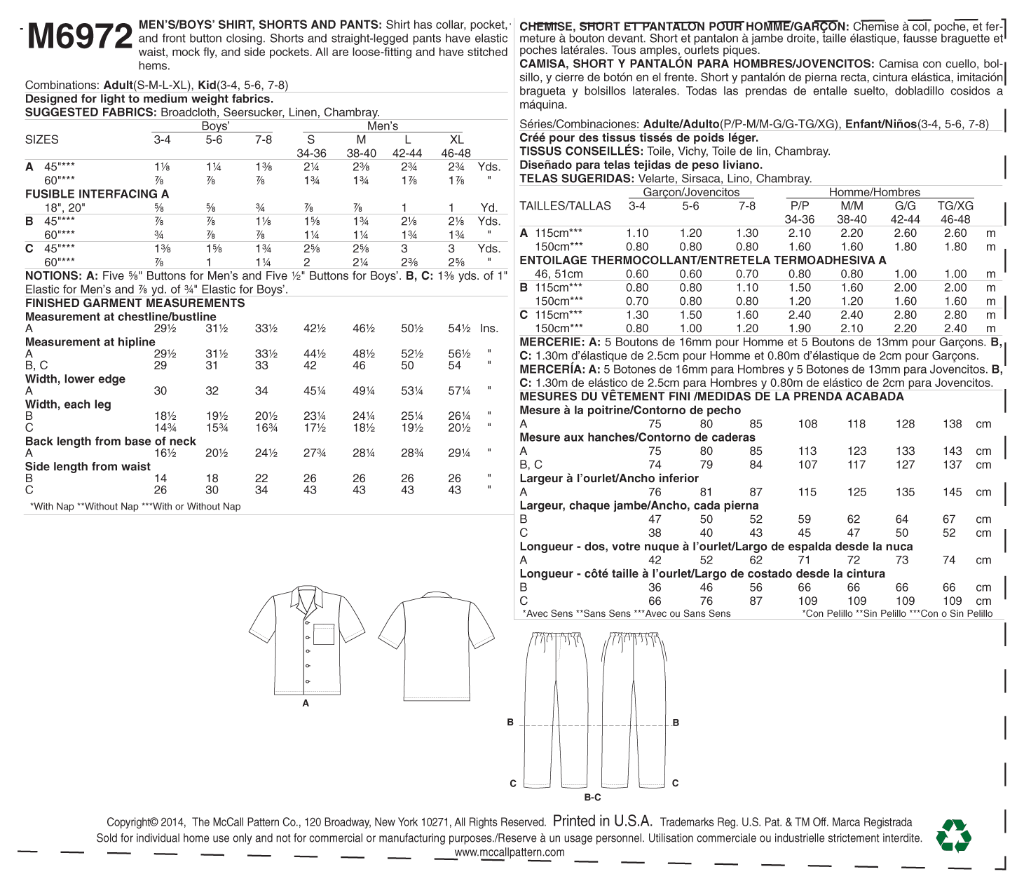 M6972 Men's/Boys' Shirt, Shorts and Pants (size: SML-MED-LRG-XLG) - Image 5