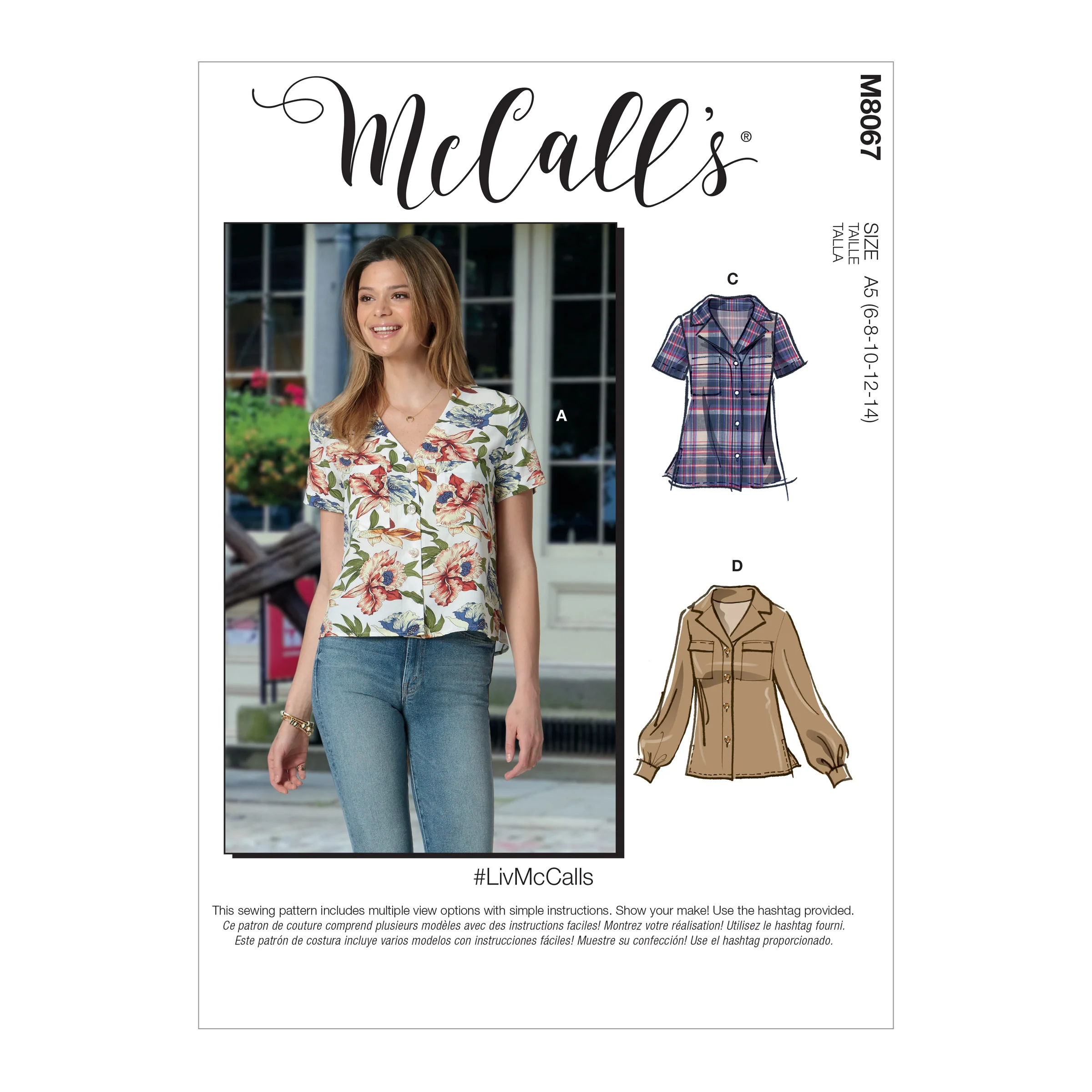 M8067 #LivMcCalls - Misses' Button-Front Tops with Collar and Sleeve Options (size: 14-16-18-20-22)