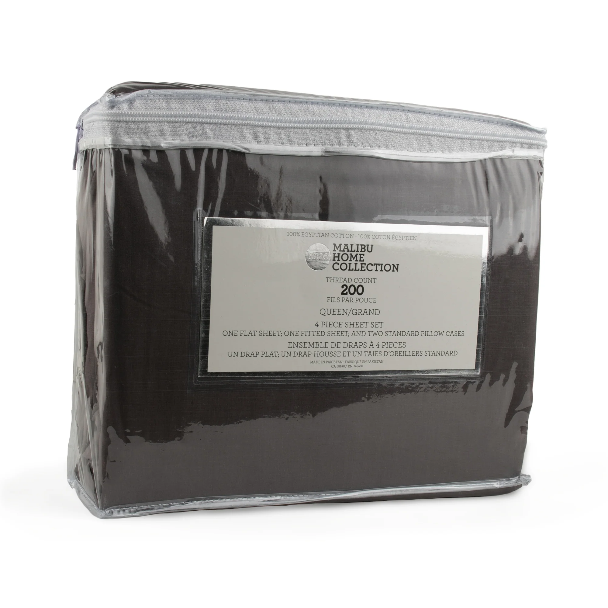 Malibu Home - 200 Thread Count Egyptian Cotton Sheet Set - Dark Grey - Queen size