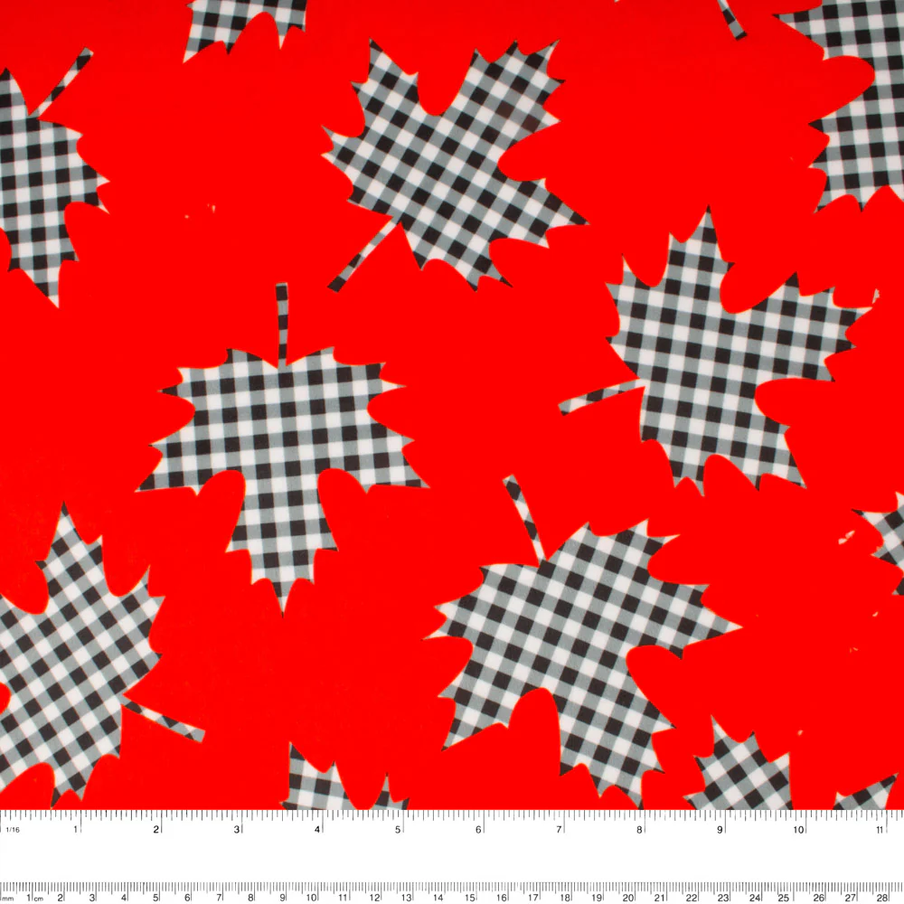 Printed Micro Chenille - DIGITAL - Maple leafs / Plaids - Red - Image 2