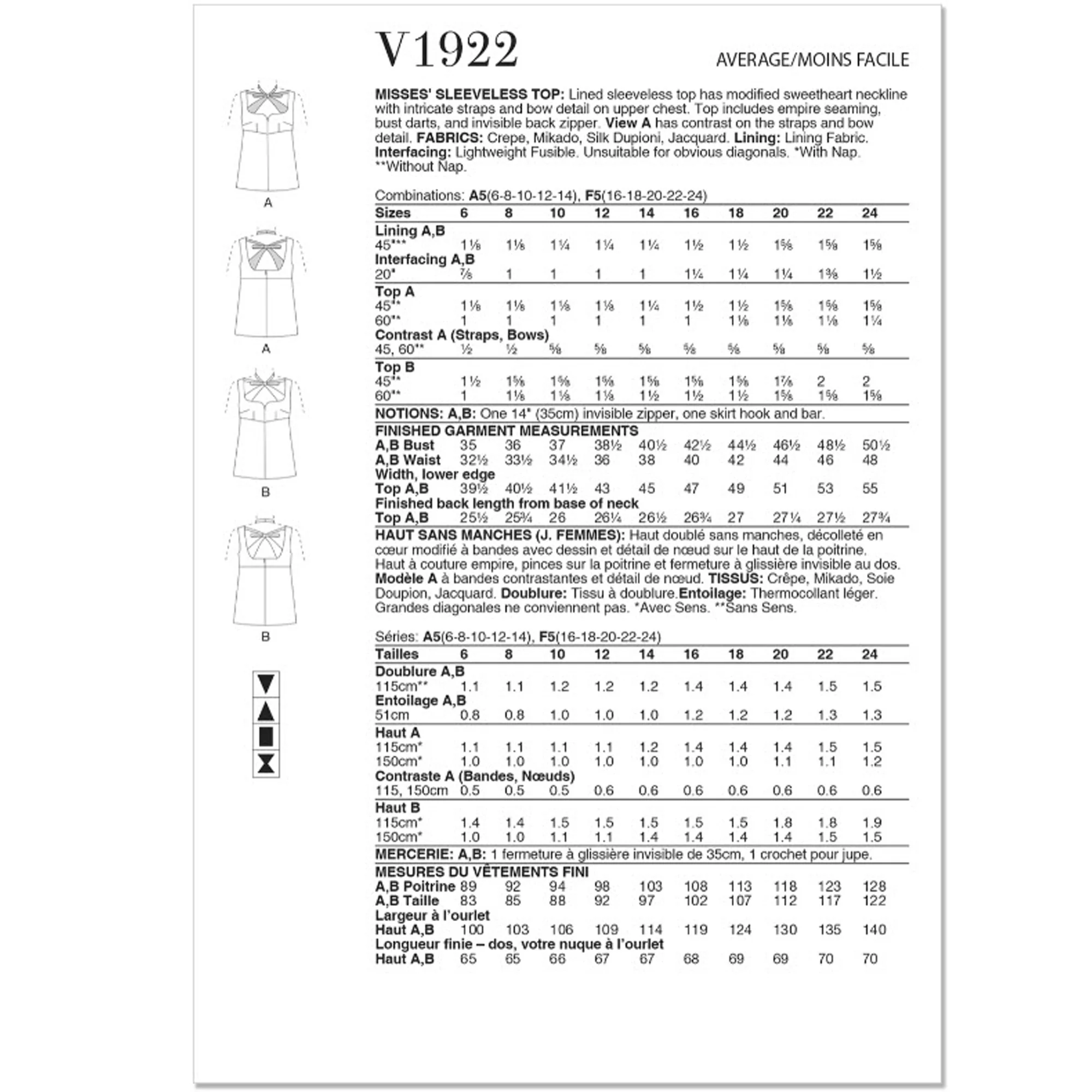 V1922 Misses' Sleeveless Top (16-18-20-22-24) - Image 2