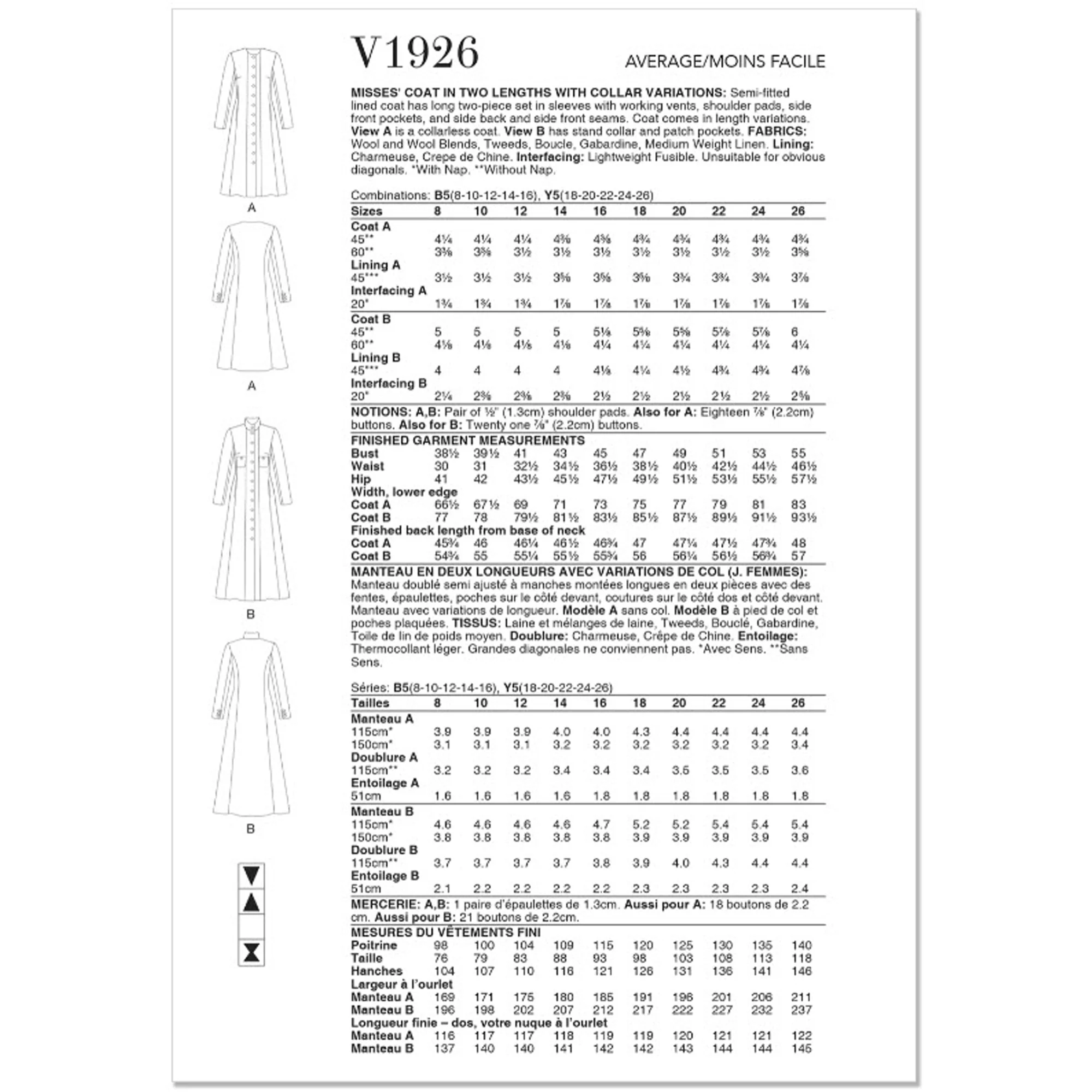 V1926 Misses' Coat in Two Lengths with Collar Variations - Image 2