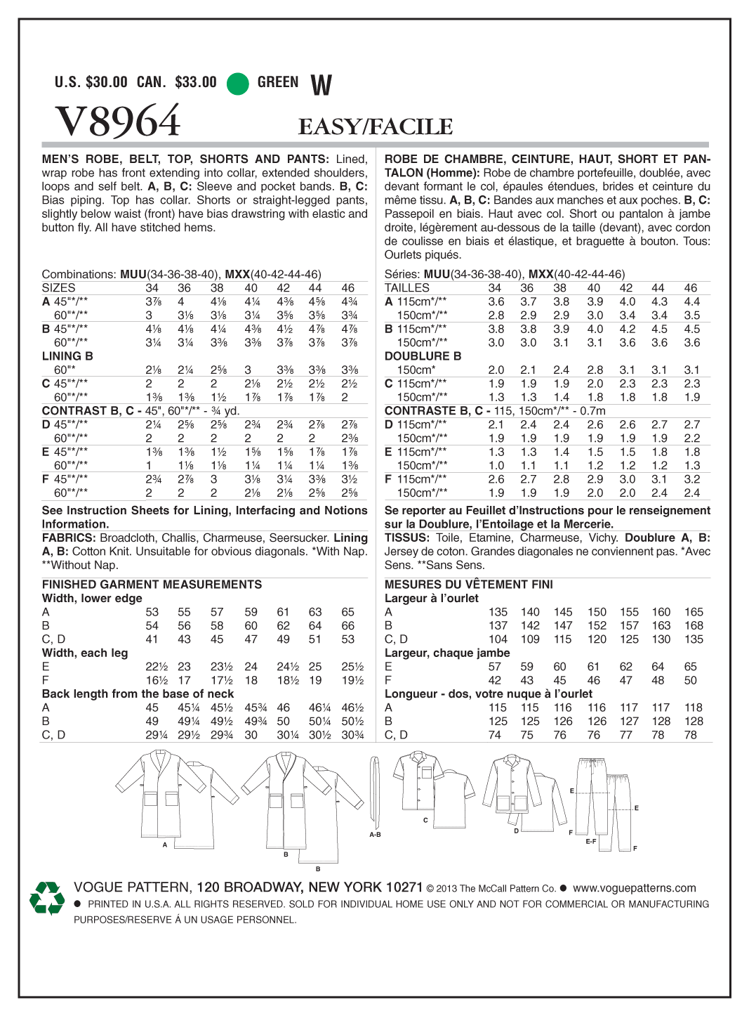 V8964 Men's Robe, Top, Shorts and Pants - Mens (Size: MXX (40-42-44-46)) - Image 5